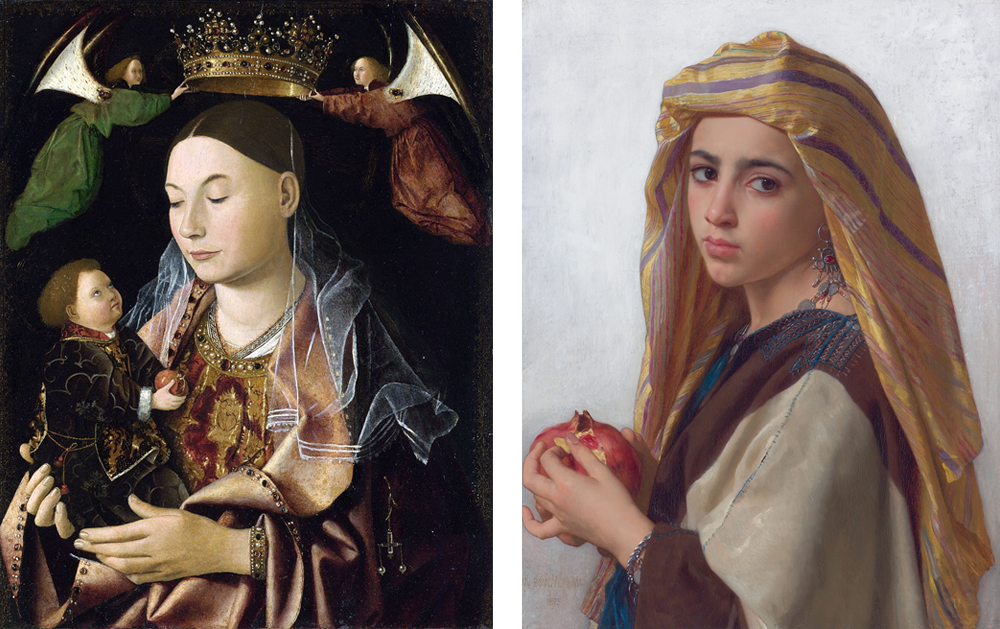 Left: Madonna with Child (Salting Madonna) (1460s) by Antonello da Messina (via Wikimedia Commons). Right: Girl with a Pomegranate (1865) by William Bouguereau (via Wikimedia Commons).