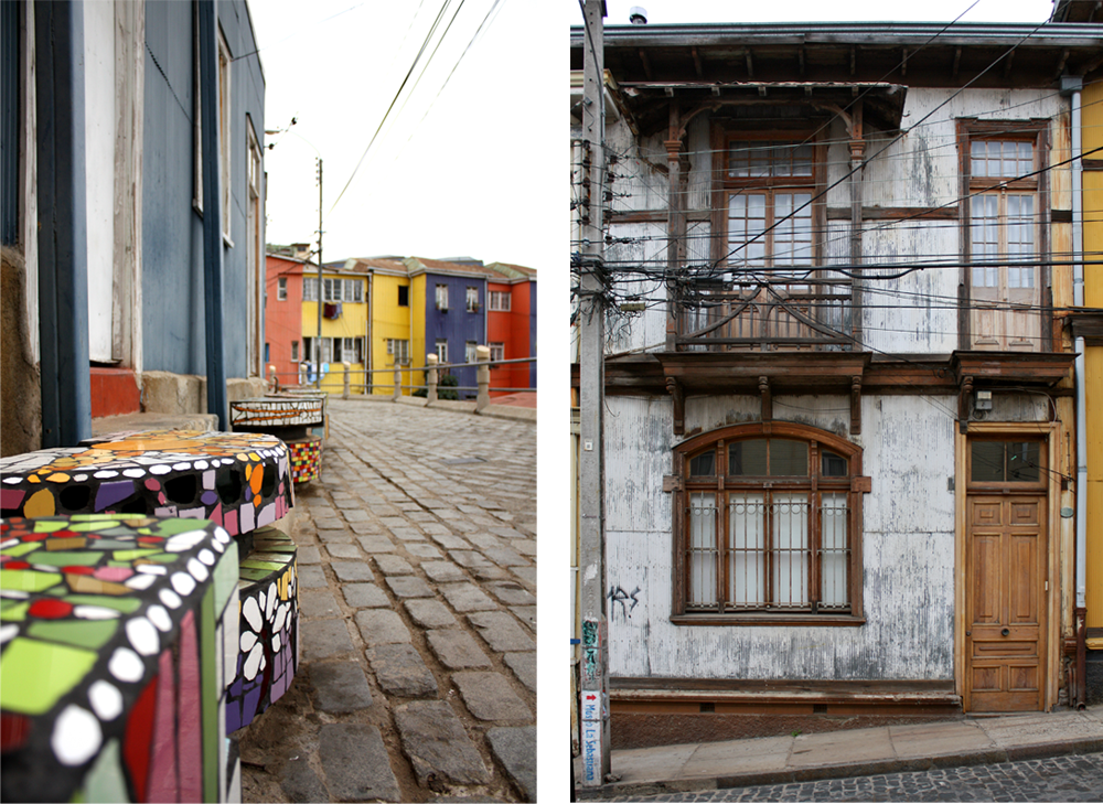 Left: Tile-decorated benches line a street in Valparaiso. Right: A metal-plated building. 