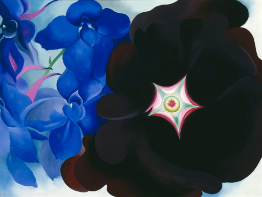 Black Hollyhock Blue Larkspur, 1930. Georgia O’Keeffe. Oil on canvas 30 ⅛ x 40 (76.5 x 101.6). Extended loan, private collection. © Georgia O’Keeffe Museum