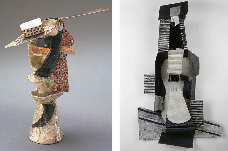 Left: Pablo Picasso (Spanish, 1881–1973) Glass of Absinthe. Paris, spring 1914. Painted bronze with absinthe spoon. 8 1/2 x 6 1/2 x 3 3/8″ (21.6 x 16.4 x 8.5 cm), diameter at base 2 1/2″ (6.4 cm) The Museum of Modern Art, New York. Gift of Louise Reinhardt Smith. © 2015 Estate of Pablo Picasso / Artists Rights Society (ARS), New York. Right: Pablo Picasso (Spanish, 1881–1973) Guitar Paris, 1924 Painted sheet metal, painted tin box, and iron wire 43 11/16 × 25 × 10 1/2 in. (111 × 63.5 × 26.6 cm) Musée national Picasso–Paris © 2015 Estate of Pablo Picasso/Artists Rights Society (ARS), New York