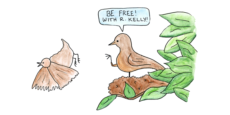 Mama bird pushing baby bird out of nest, exclaiming, "Be free! With R. Kelly!"