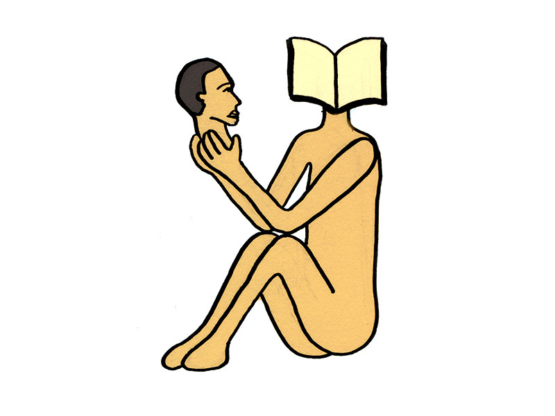 A man holding his head as a book, while a physical book replaces his head.