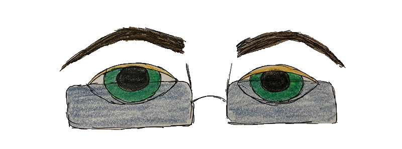 green eyes through frameless glasses